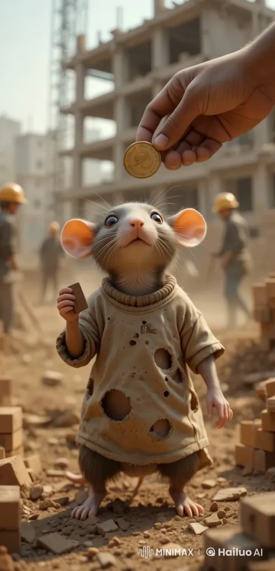 Anthropomorphic Baby Rat Receives Kindness at Construction Site – AI Generated Video | Hailuo AI