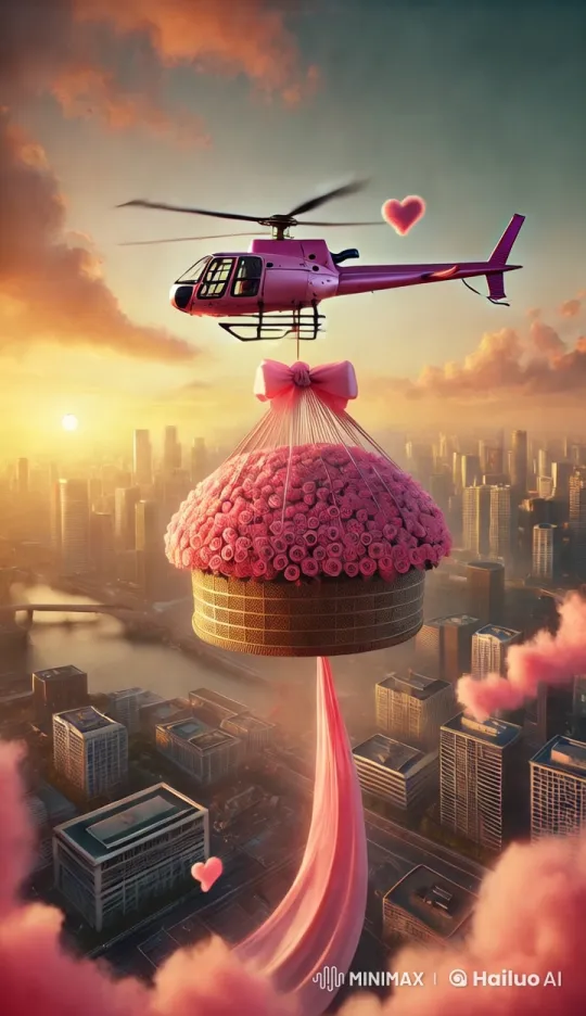 Romantic Aesthetic: Helicopter Delivers Roses Over Cityscape – AI Generated Video | Hailuo AI