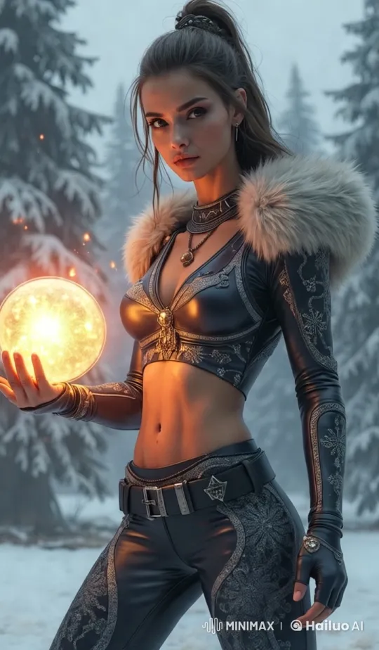Woman with Glowing Orb in Snowy Forest – AI Generated Video | Hailuo AI