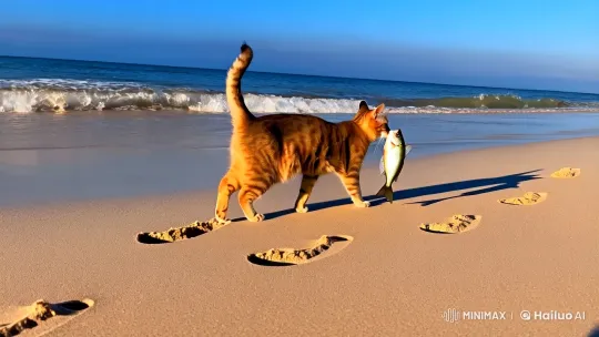 Aesthetic Cat Strolls on Sunlit Beach with Fish – AI Generated Video | Hailuo AI