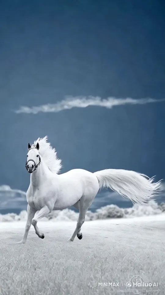 White Horse Gallops Across Open Field in Majestic Scene – AI Generated Video | Hailuo AI