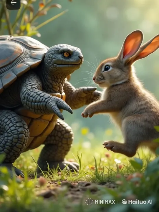 Aesthetic Fight: Tortoise vs. Rabbit in Lush Meadow – AI Generated Video | Hailuo AI