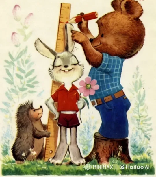 Animals Marking Height in Pastel Wonderland – AI Generated Video | Hailuo AI