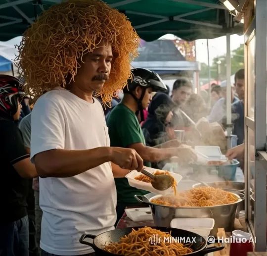 Man's Noodle Hair Ignites While Cooking at Bustling Food Stall – AI Generated Video | Hailuo AI