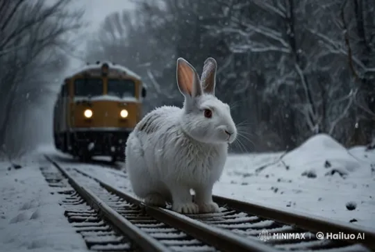 White Rabbit on Snowy Train Tracks Amid Winter Serenity – AI Generated Video | Hailuo AI