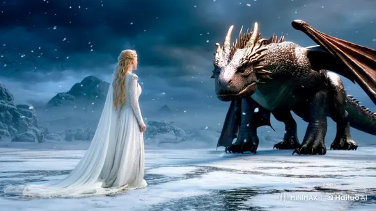 Regal Queen Faces Majestic Dragon on Snowy Battlefield – AI Generated Video | Hailuo AI