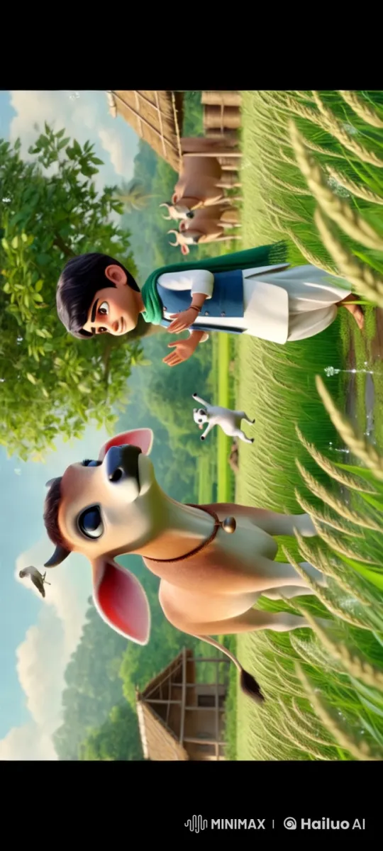 Boy with Calf in Serene Rural Landscape – AI Generated Video | Hailuo AI