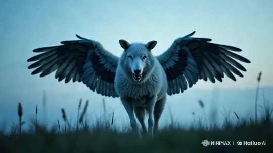 Winged Wolf Soars Over Futuristic City – AI Generated Video | Hailuo AI