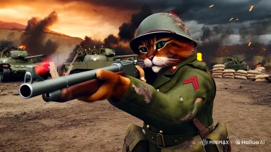 Heroic Cat Soldier in WWII Combat Scene – AI Generated Video | Hailuo AI