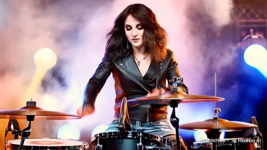 Female Rock Drummer Performing with Dramatic Pyrotechnics – AI Generated Video | Hailuo AI