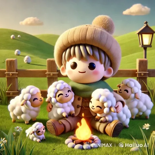 Cute Character Enjoys Peaceful Countryside with Sheep – AI Generated Video | Hailuo AI