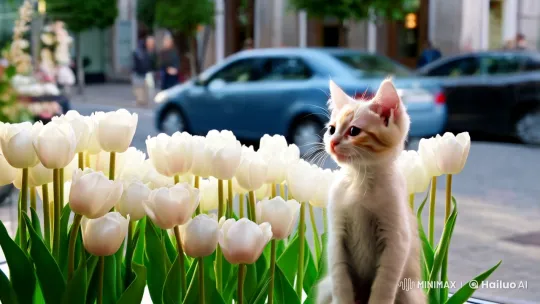 Kitten Tears Over Tulips in Busy Street Scene – AI Generated Video | Hailuo AI
