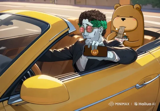 Bear Enjoying Ramen in Convertible with Flying Dollars – AI Generated Video | Hailuo AI