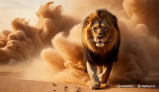 Majestic Lion Stalks Desert, Stirring Dust in Cinematic Style – AI Generated Video | Hailuo AI