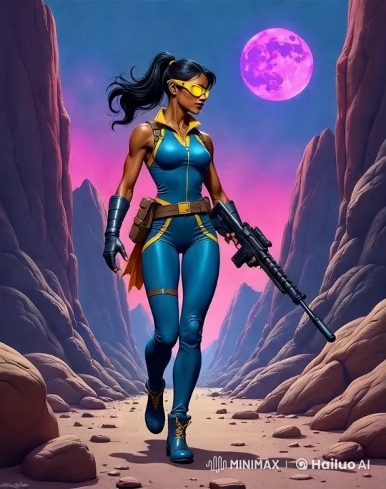 Heroine in Blue Suit Walks Through Alien Canyon – AI Generated Video | Hailuo AI