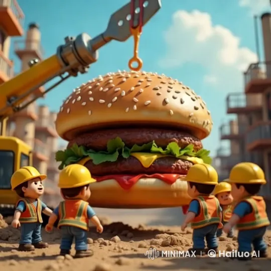 Construction Site Workers Greet Giant Hamburger – AI Generated Video | Hailuo AI