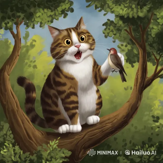Cat with Bird on Branch in Lush Forest – AI Generated Video | Hailuo AI