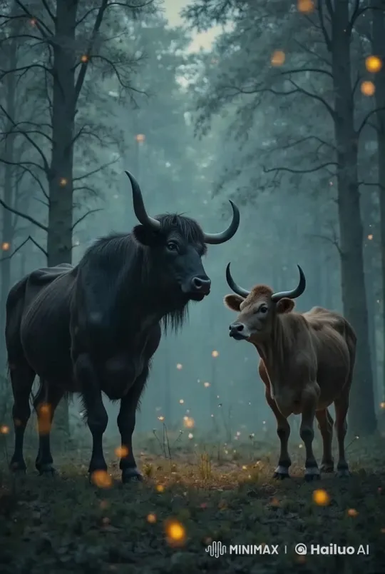 Mystical Forest Encounter: Bull Helps Hesitant Cow – AI Generated Video | Hailuo AI