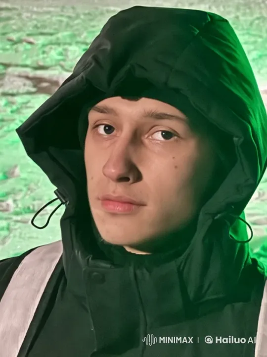 Dark Hooded Figure in Snowy Green Light – AI Generated Video | Hailuo AI