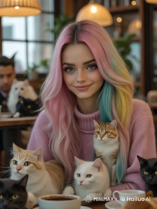 Woman with Cats in Cozy Café Setting – AI Generated Video | Hailuo AI