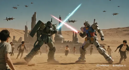 Futuristic Robots Duel in Desert with Fleeing Crowd and Hovering Aircraft – AI Generated Video | Hailuo AI