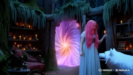 Woman and Wolf Travel Through Neon Portal into Wonderland – AI Generated Video | Hailuo AI