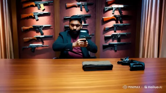 Man Reloads Handgun in Stylishly Lit Office – AI Generated Video | Hailuo AI