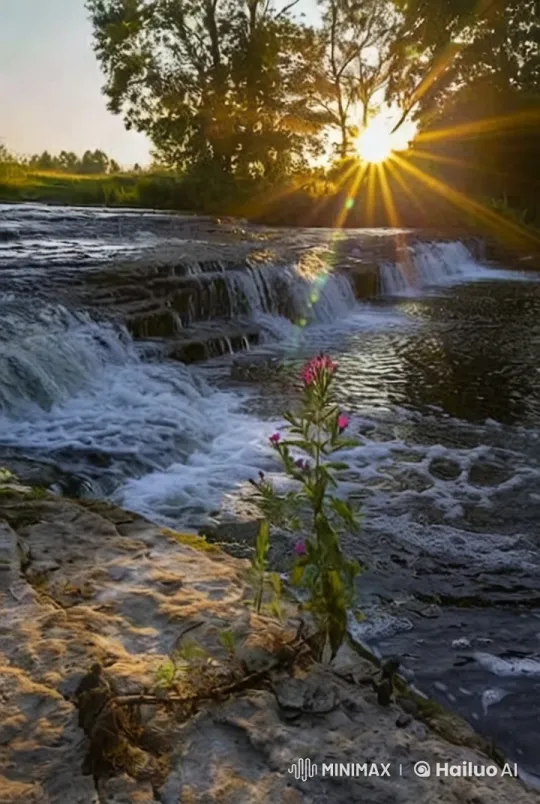 Tranquil Landscape: Serene Waterfall and Vibrant Flower – AI Generated Video | Hailuo AI
