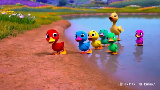 Colorful Ducklings' Joyful Pond Procession in Animated Tale – AI Generated Video | Hailuo AI