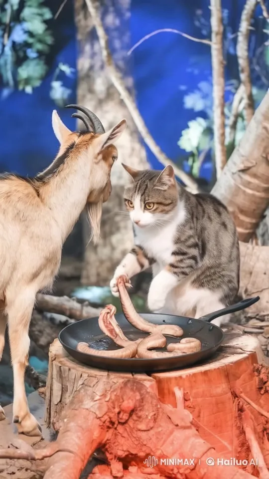 Cat and Goat Share a Snake Feast in the Forest – AI Generated Video | Hailuo AI