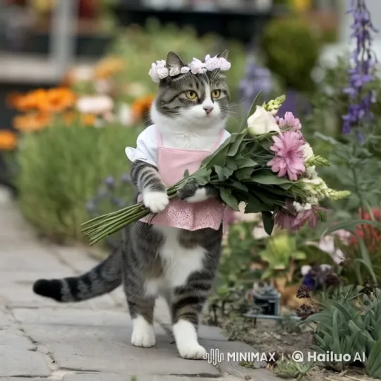 Cat in Apron Strolls Through Colorful Garden – AI Generated Video | Hailuo AI