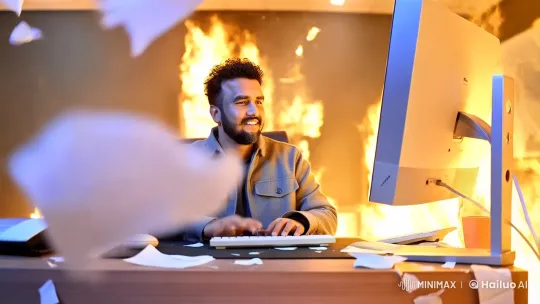 Man Calmly Types Amidst Office Inferno – AI Generated Video | Hailuo AI