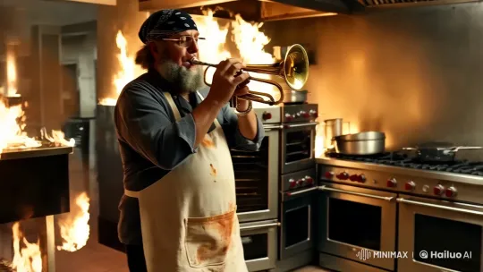 Bearded Chef Plays Trumpet Amidst Kitchen Blaze – AI Generated Video | Hailuo AI