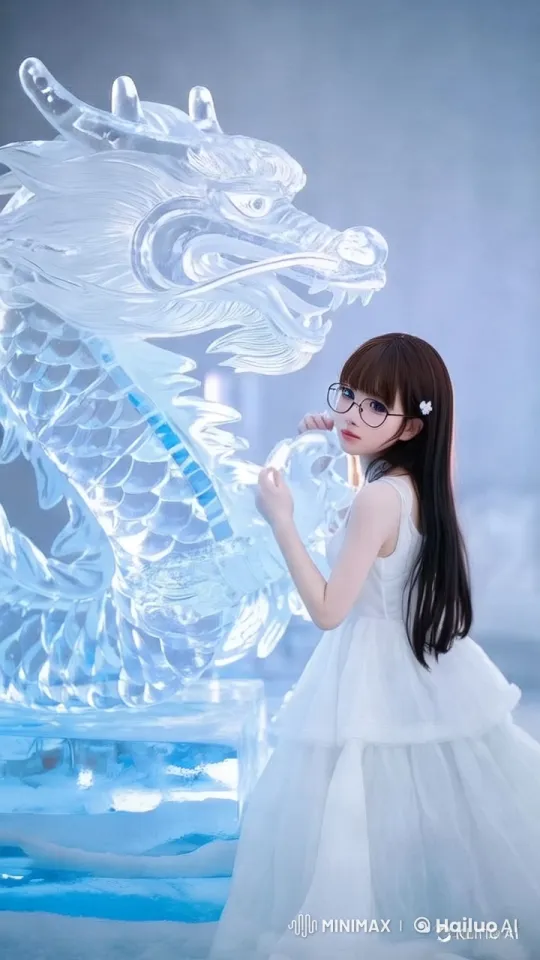 Young Woman Awakens Ice Dragon in Mystical Realm – AI Generated Video | Hailuo AI