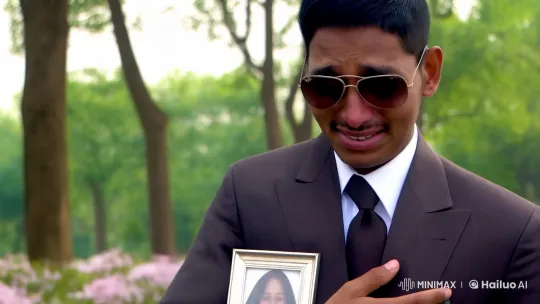Man in Suit Cries Clutching Photo in Lush Park – AI Generated Video | Hailuo AI
