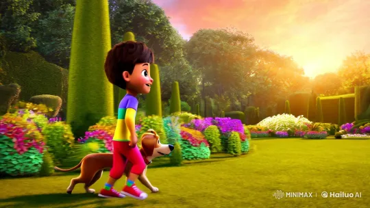 Boy, Dog, and Elephant in Serene Garden – AI Generated Video | Hailuo AI