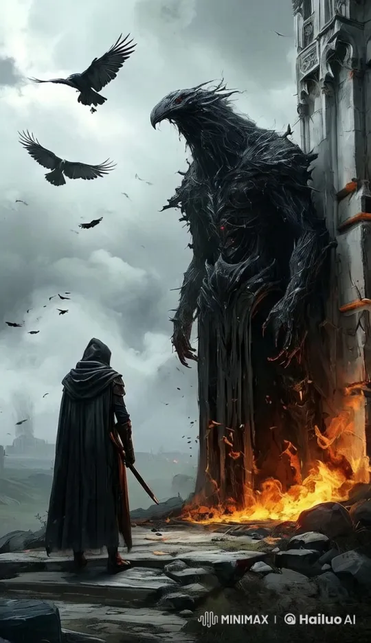 Assassin Meets Giant Amidst Mysterious Flames and a Wolf's Shadow – AI Generated Video | Hailuo AI