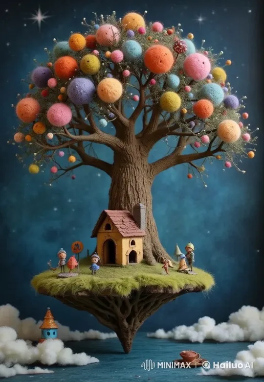 Whimsical Floating Island with Yarn Tree and Mini People – AI Generated Video | Hailuo AI