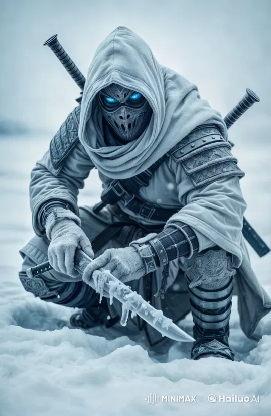Masked Samurai Warrior Prepares for Battle in Snowy Landscape – AI Generated Video | Hailuo AI