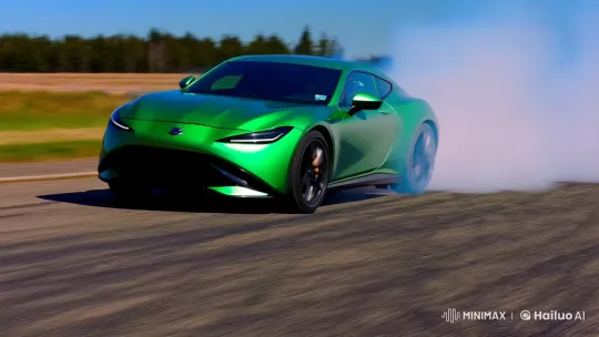 Green Car Drifts Gracefully on Expansive Road – AI Generated Video | Hailuo AI