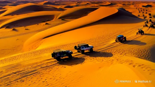 Desert Convoy: Sunset Chase Through Golden Dunes – AI Generated Video | Hailuo AI