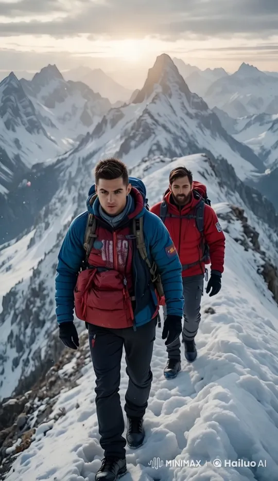 Mountain Ridge Trek: Hikers on Snowy Journey at Sunset – AI Generated Video | Hailuo AI