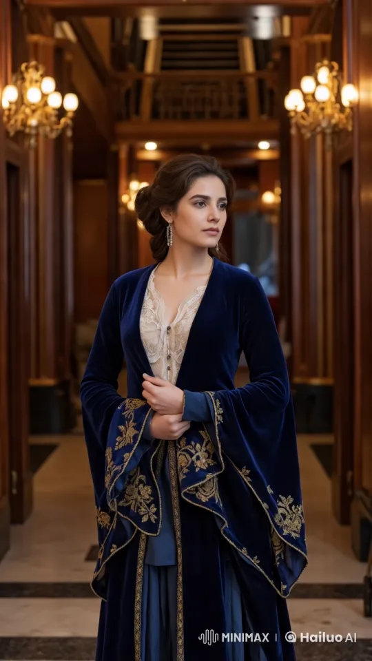 Elegant Woman in Velvet Robe Amidst Grandeur – AI Generated Video | Hailuo AI