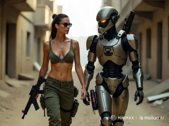 Commando Woman and Robot Navigate Ruined Cityscape – AI Generated Video | Hailuo AI