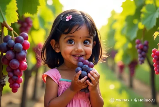 Young Girl Enjoying Grapes in Sunlit Vineyard – AI Generated Video | Hailuo AI
