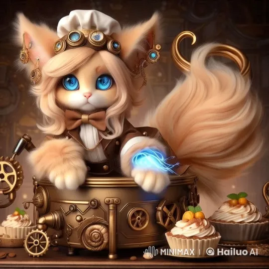 Steampunk Cat Chef Invites Viewers to Share Tiramisu – AI Generated Video | Hailuo AI