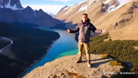 Man Embraces Adventure at Falcon Rock's Edge in Pakistan – AI Generated Video | Hailuo AI