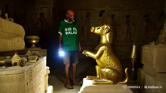 Egyptian Man Discovers Comic Golden Sphinx in Ancient Tomb – AI Generated Video | Hailuo AI