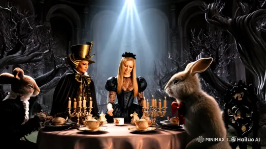 Ethereal Dark Fantasy Alice in Surreal 3D Tea Party – AI Generated Video | Hailuo AI