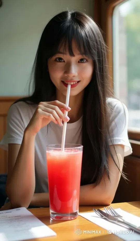 Young Woman Enjoying Drink in Cozy Animated Café – AI Generated Video | Hailuo AI